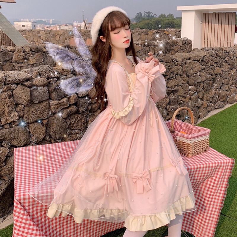 Vestido de hada Lolita mujeres otoño invierno dulce temperamento malla lolita manga larga vestido de gran oscilación