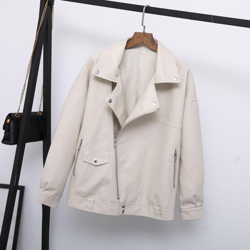 Guilantu Pu Leren Jas Vrouwen Mode Heldere Kleuren Beige Motorfiets Jas Korte Faux Leather Biker Jacket Zachte Jas Vrouwelijke: Beige / M