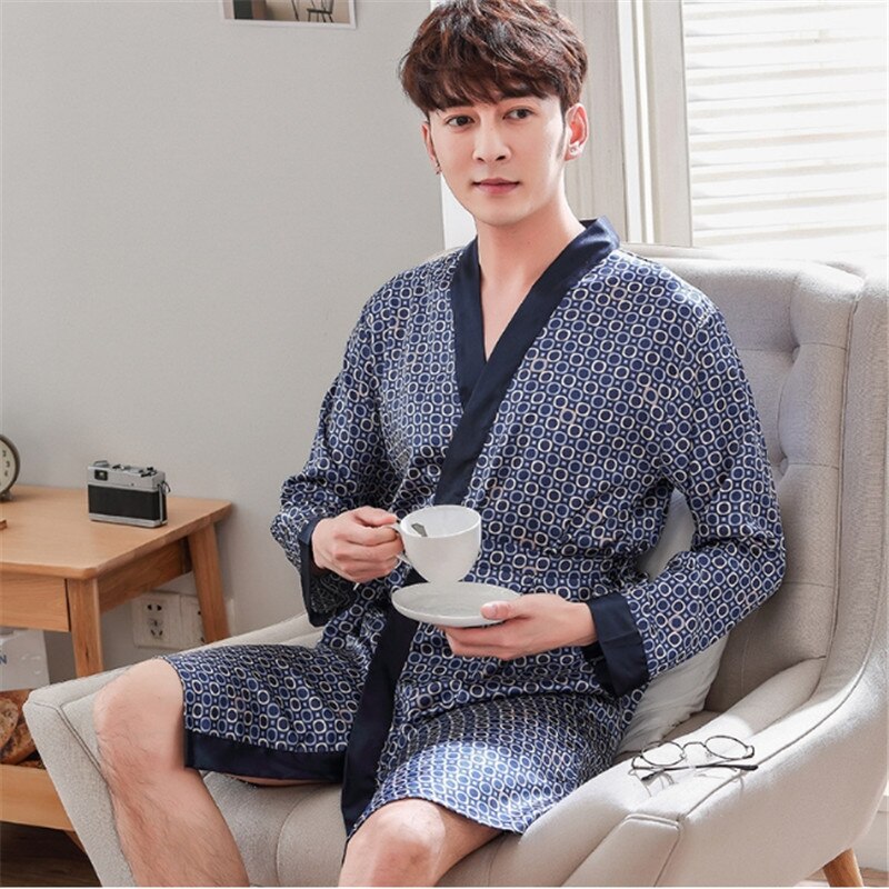 Albornoz tipo Kimono para hombre, ropa de casa, pijama informal de talla única, de rayón, para dormir: 1 long