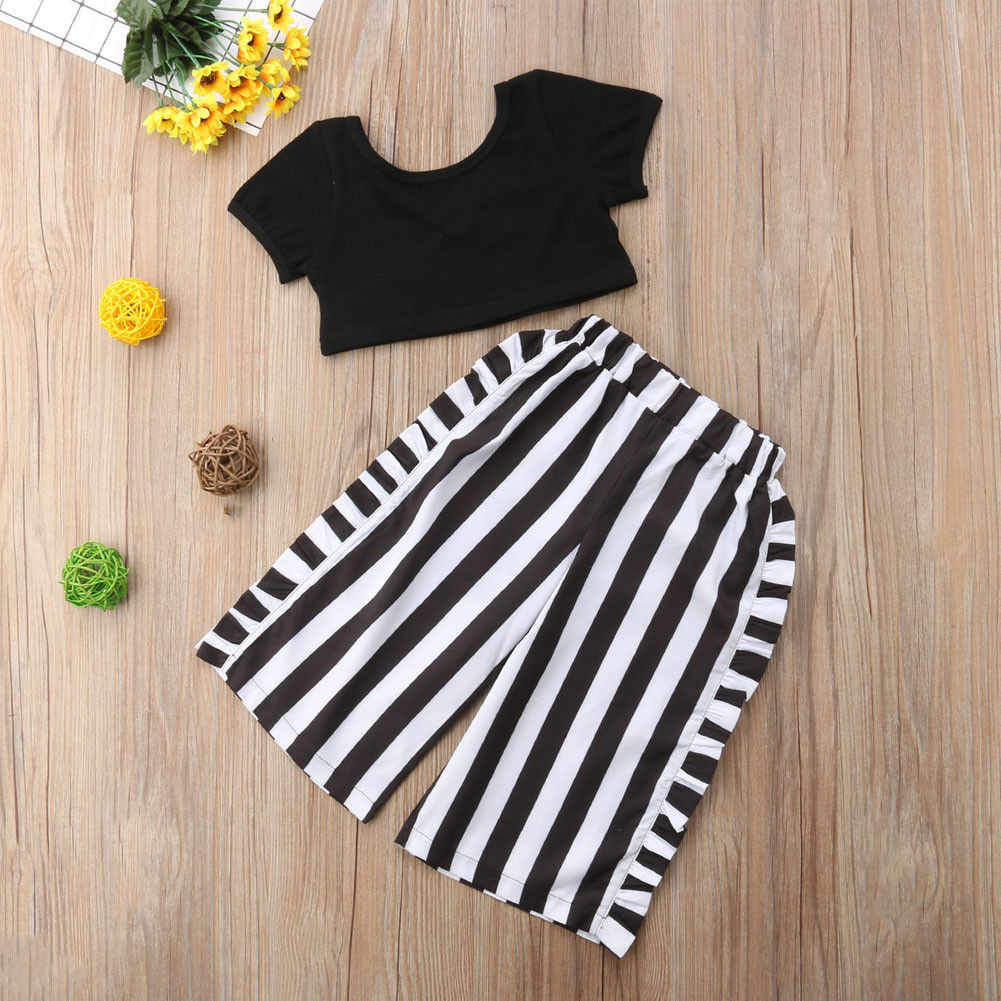 Toddler Kids Baby Girls T-shirt Tops+ Flare Striped Pants Summer Casual Outfit Clothes 2PCS Set