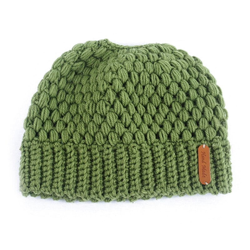 Winter gebreide mutsen winter dames muts dames meisjes stretch gebreide muts met label rommelige knot paardenstaart muts met gaten warme mutsen mutsen: Gr