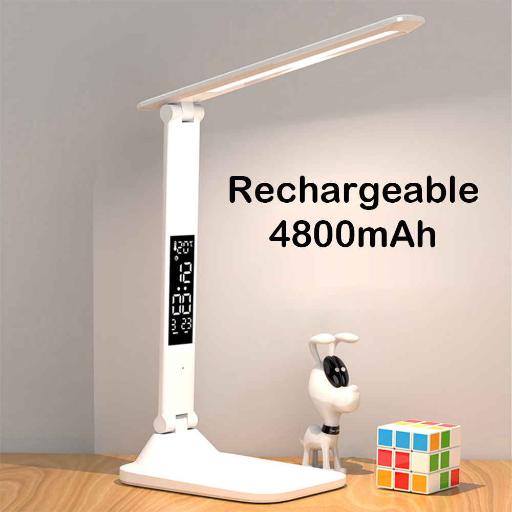 Opvouwbare LED-tafellamp Lezen Oogbescherming 3-kleuren Traploos dimbaar Tijd Datum Temperatuur USB Charge Touch LED-nachtlampje: Default Title