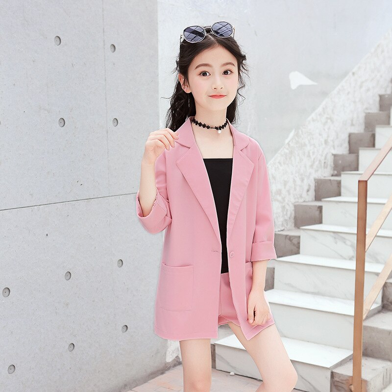 3Pcs Meisjes Pakken Kids Blazer Jacket + Vest + Shorts Outfits Kinderen Smoking Pak Voor Meisjes Blazer Wedding Party roze Grijs Kleur