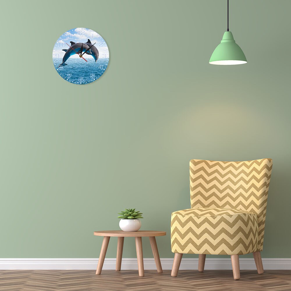 Reloj de pared azul marino con dos delfines que saltan aguas profundas del océano con movimiento silencioso poroso Reloj de pared mar arte en la pared con animales