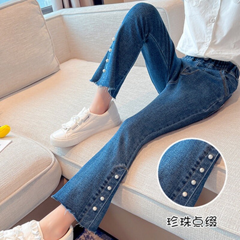 Casual Black Color Girls Jeans Cotton Pearl Bottom Flare Pants Teenage Skinny Trousers for Spring Autumn Clothes 6 8 11Years OId
