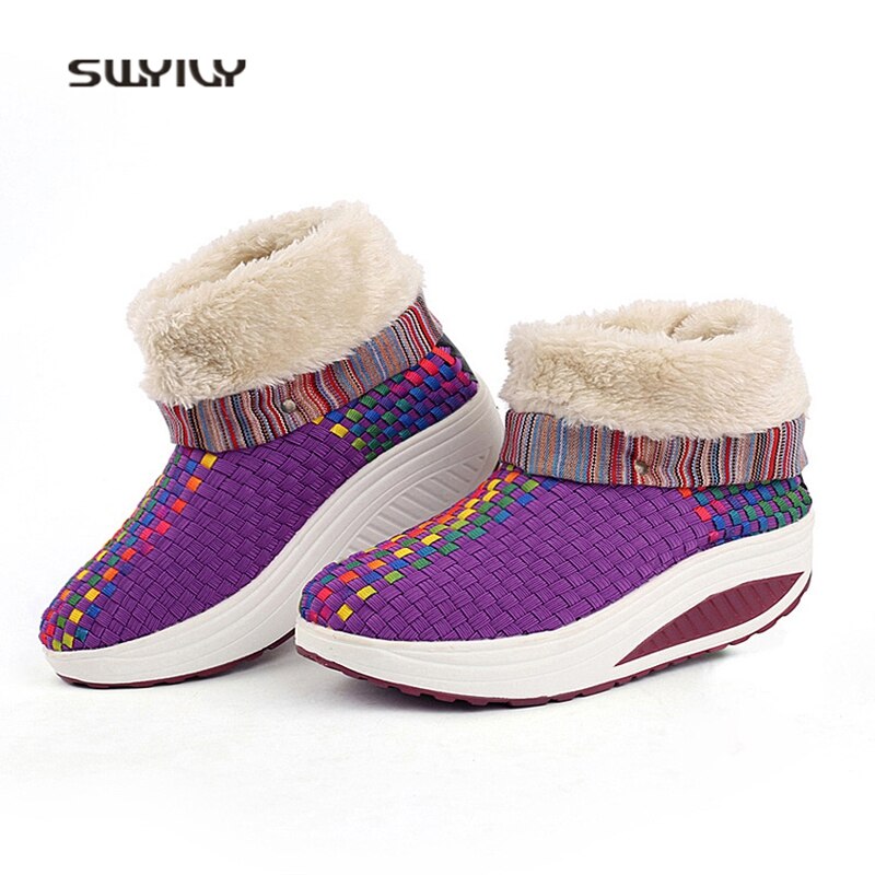 SWYIVY Women Toning Shoes Winter Warm Velvet Hand-woven Swing Shoes Chinese Style Platform Soft Slimming Shoes For Females