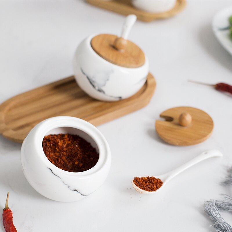 Japanese marbled ceramic seasoning jar set kitchen seasoning box wooden tray wood cover oil salt can seasoning bottle c