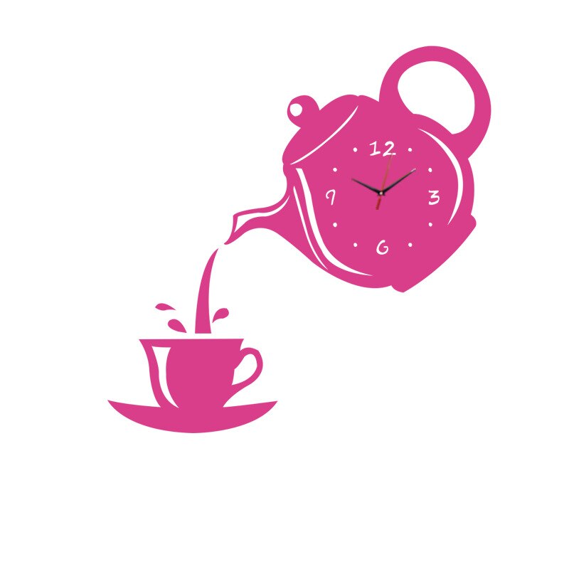 DIY 3D Wall Clock Acrylic Coffee Cup Teapot Decorative Kitchen Wall Clocks Living Room Dining Room Home Decor Clock: Pink / 28x21cm