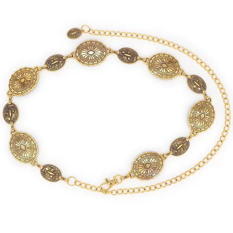 Acessórios de corrente de cintura de metal feminino estilo retrô círculo decorativo esculpido cinto de corrente acessórios de estilo alto