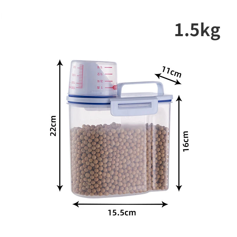 Cubo de comida para perros y gatos, tanque de almacenamiento de plástico con taza medidora, contenedor sellado a prueba de humedad, accesorios para suministros para mascotas, 1,5 kg/2kg: Rojo