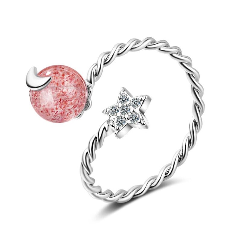 Estrella de la piedra lunar con apertura de corazón de fresa fresca, Plata de Ley 925, personalidad femenina, apertura de tamaño variable, anillos SRI209