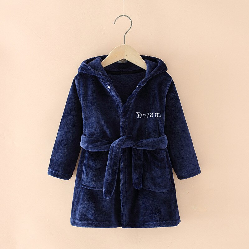 Children's Bathrobes Spring, Autumn and Winter Boys' Girls' Home Wear Nightgown Bathrobe Children's Pajamas Flannel: Navy Blue / 7