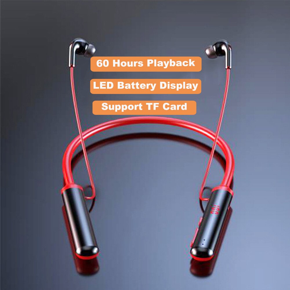 100 Uur Uithoudingsvermogen Bluetooth5.0 Draadloze Hoofdtelefoon Stereo Bass Hoofdtelefoon Nekband Power Led Display Headset Tf Card: 60 Hours Red