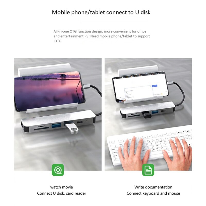 Kaartlezer Multifunctionele Hub Zes In Een Docking Station Type-C Docking Station Usb Hub Naar Hdmi