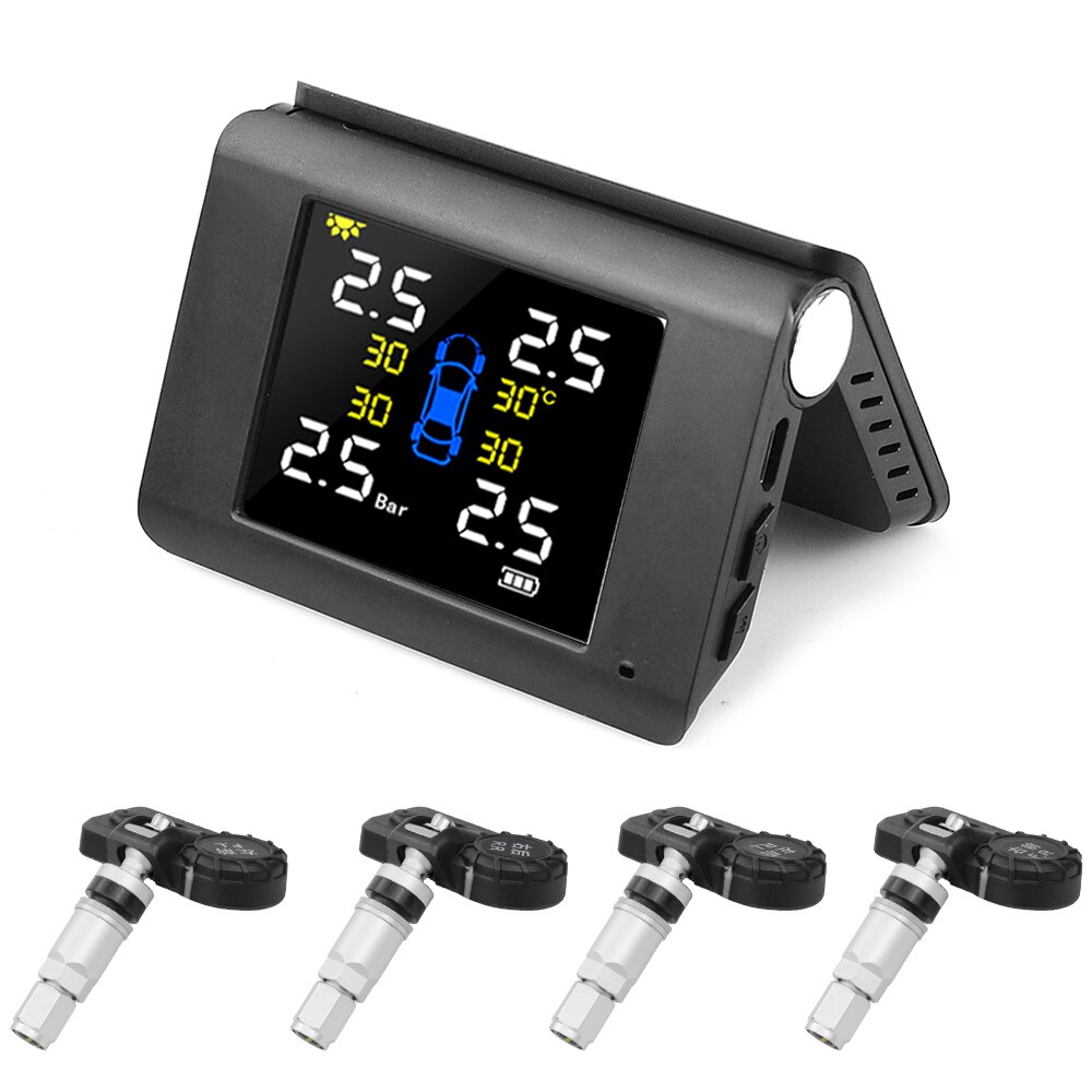 TPMS Solar Power Tyre Pressure Monitoring System with 4 Sensors LCD Real-time Display Car Tire Pressure Auto Alarm System