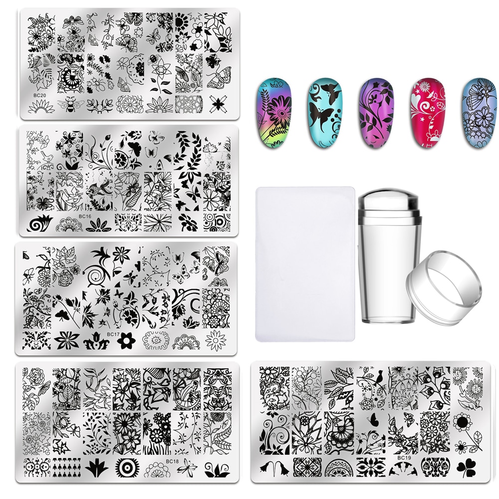 Biutee 10Pcs Nail Stamper Platen Bloem Dier Kant Glas Bufferfly Patroon Nail Art Plaat Stencil Roestvrij Steell Nail