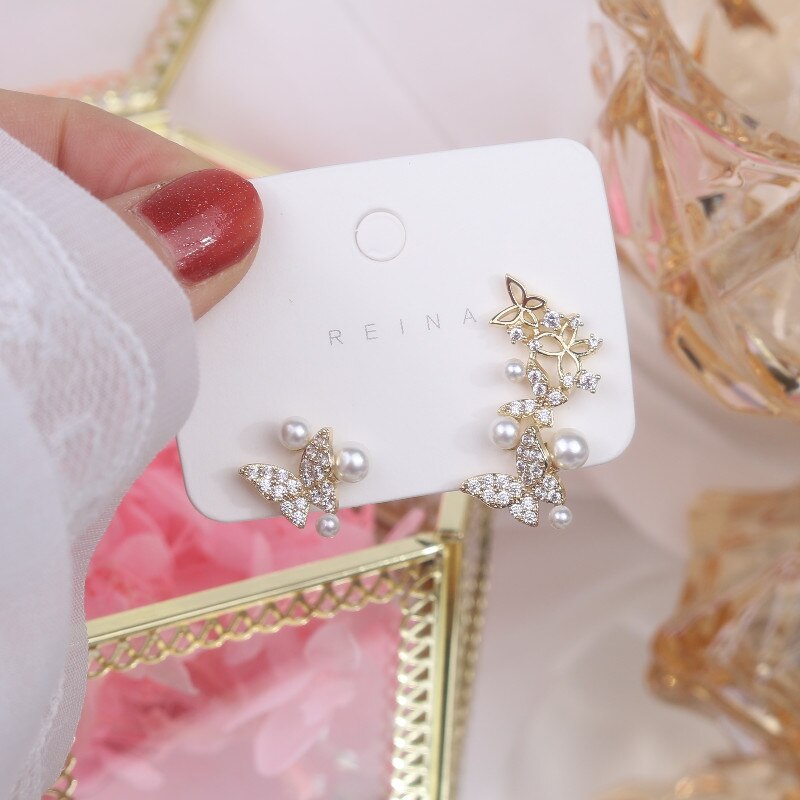 Korea Jewelry 14K Real Gold Plating AAA Zircon Butterfly Asymmetric Earring Pearl Women's Daily Accessories