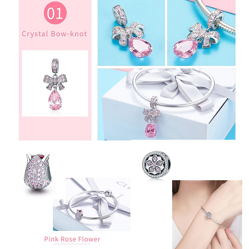 WOSTU autentico 100% argento Sterling 925 zircone rosa perline di cristallo fascino misura originale ciondolo braccialetto argento 925 creazione di gioielli