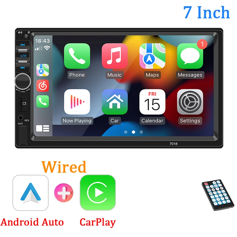 Radio de coche de 7 pulgadas, 1 Din, Carplay, Android, reproductor Multimedia para coche, pantalla táctil HD, Bluetooth MirrorLink, Autoradio Universal, entrada FM AUX: Negro