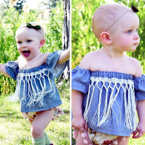 Newborn Kids Baby Gilrs Denim Off Shoulder Blouse Summer Toddler Infant Girl Patchwork Tassel Brief Blouses Top