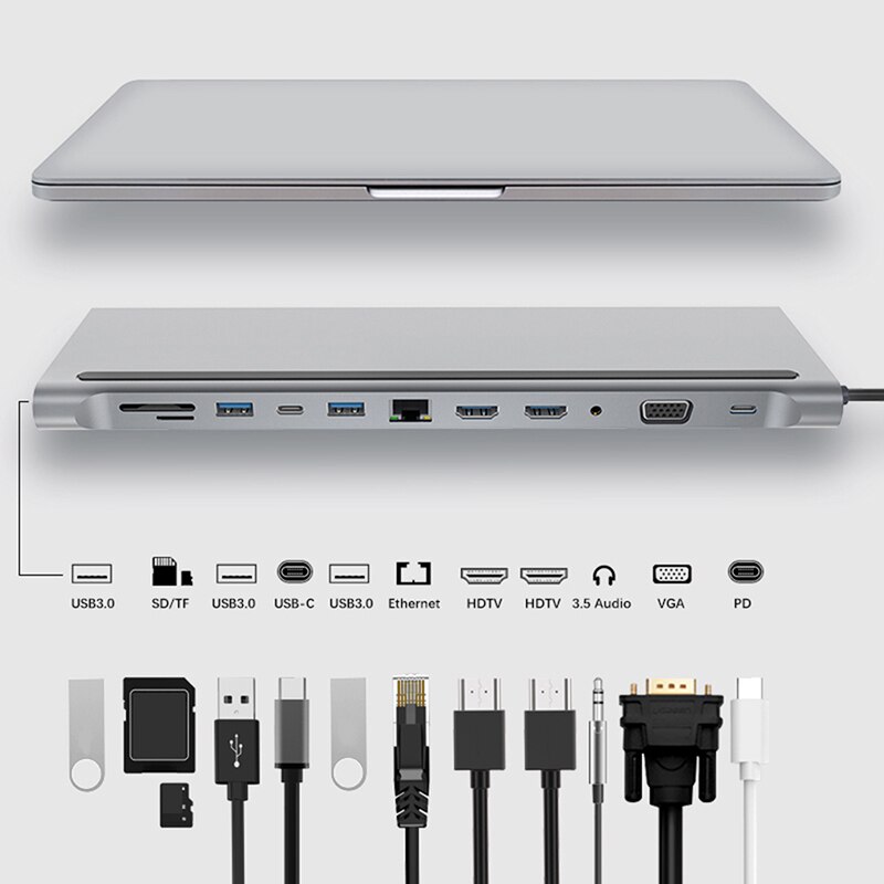 Station d'accueil pour ordinateur portable 12 en 1, USB 3.0 HDMI VGA PD Hub pour MacBook 1 ensemble
