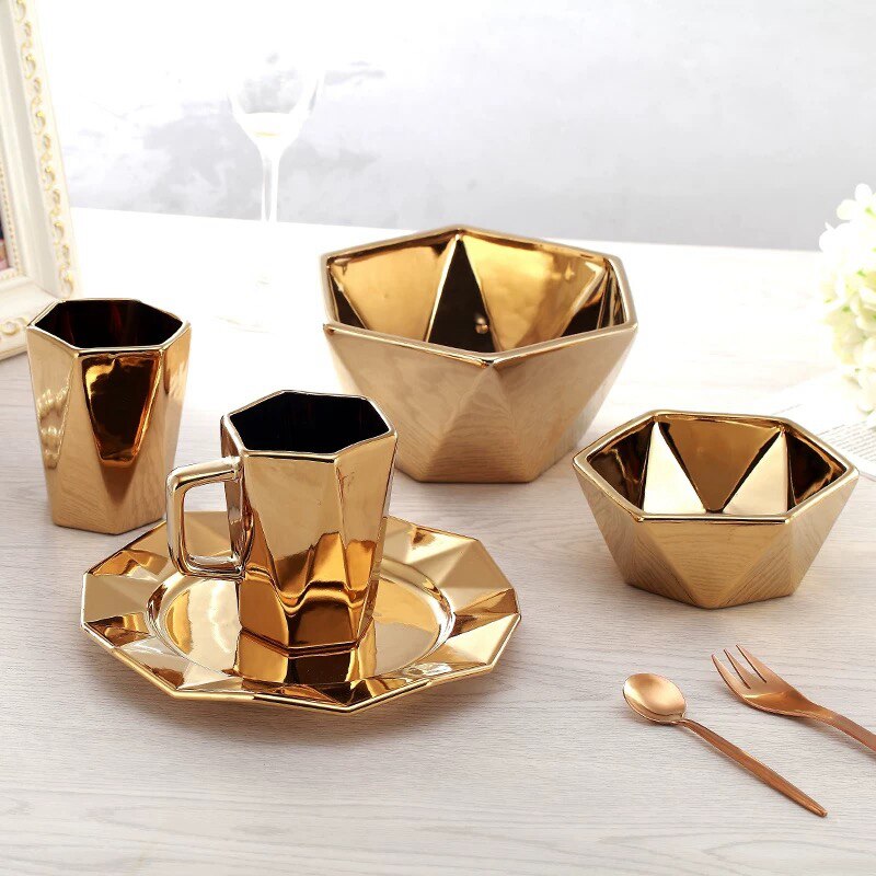 Ceramic Plate Bowl Cup Mug Europe Plating Golden for Dinner Breakfast Hotel Salad Bowls plates