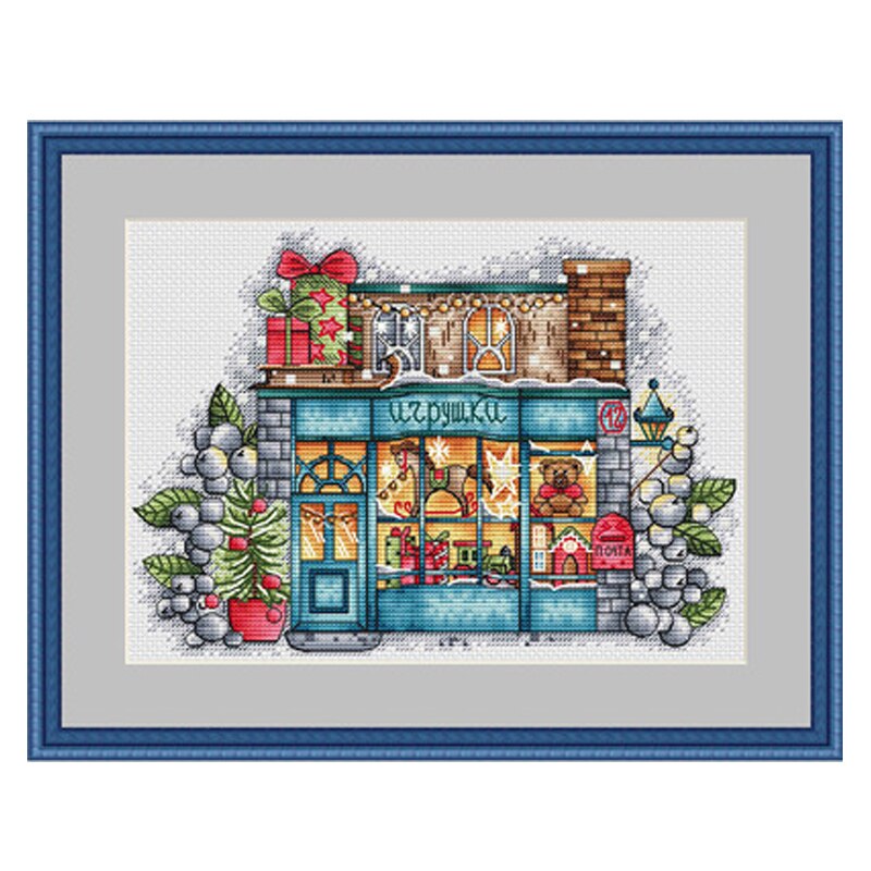 Kit de punto de cruz de colección de oro, casa de cabaña de Navidad, tienda de juguetes, de Navidad, iluminación cálida
