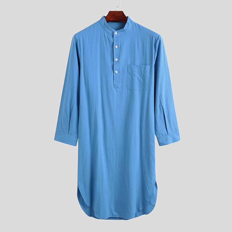 Abaya-Robe musulmane à manches longues pour homme, chemise de nuit en coton, longueur genou, tunique arabe, chemises noires, jubba, thobe blanc: M / Bleu