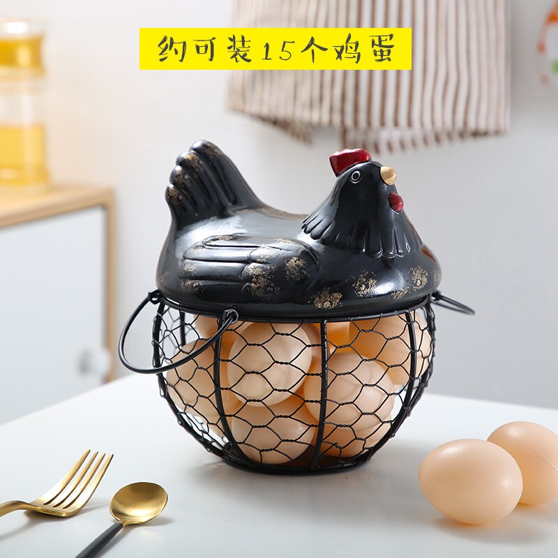 Ceramic Egg Holder Chicken Wire Egg Basket Fruit Basket Collection Ceramic Hen Oraments Decoration Kitchen Storage 19CMX22CM: Black / S size --15 eggs
