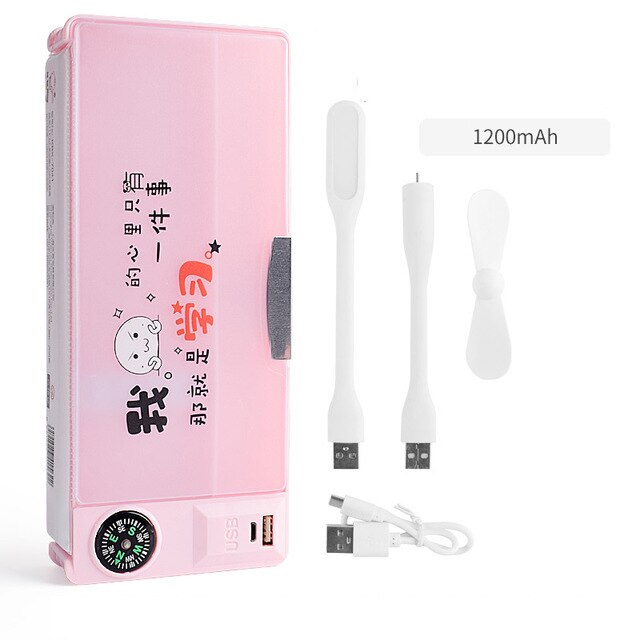 Multifunctional Pencil Case With Led Light And Usb Mini Fan Student Stationery Box Korean Pencil Case Boy And Girl: Light powder