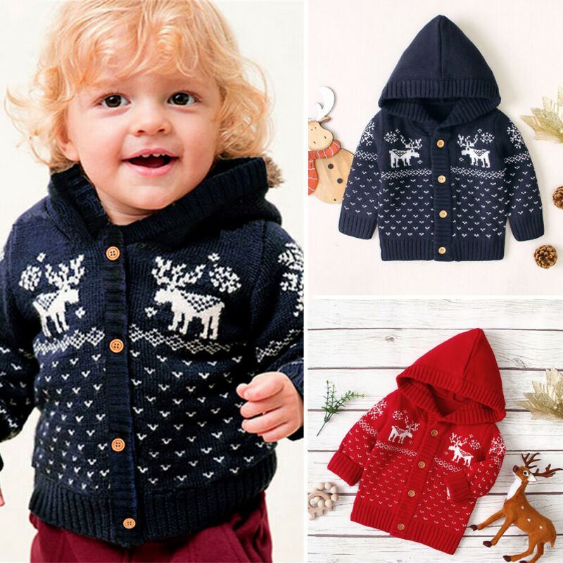 US STOCK Chirstmas Newborn Baby Girls Boy Knitted Deer Coat Sweater Outfits Clothes