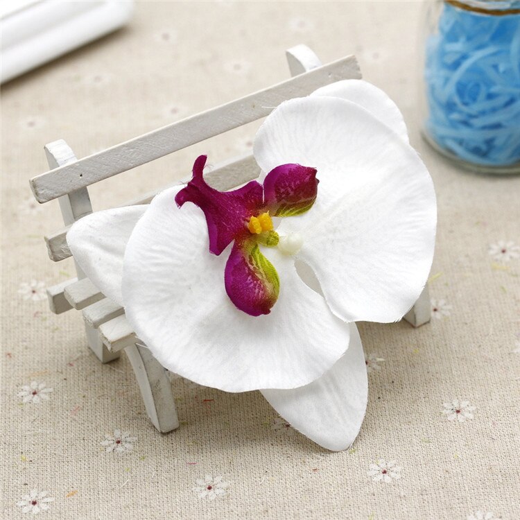 10cm sommerfugl orkidé kunstigt blomsterhoved diy håndlavet håndværk materiale hjem have dekorativ buket boks indretning blomster: Hvid