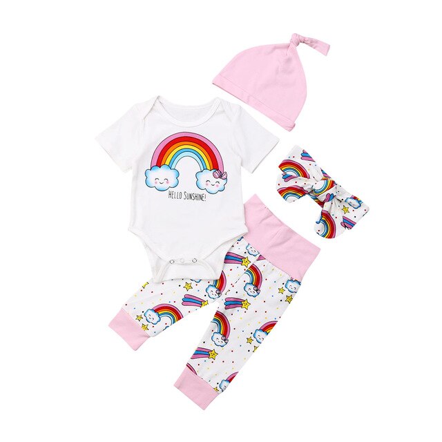 Baby Zomer Kleding Baby Kids Baby Meisje Jongen Kleding Cactus Print Korte Mouw Romper Tops + Broek + Hoofdband + hoeden 4 stuks Sets: Rainbow Print / 12m