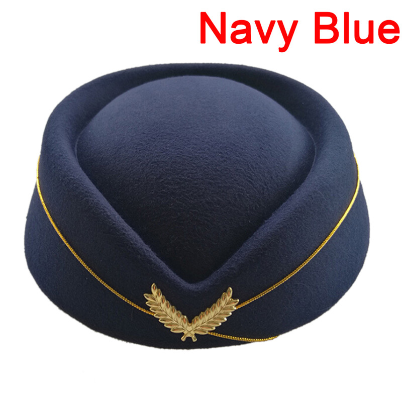 Frauen Damen Profis Stewardess Hut Wolle Fedoras Hüte Airline Kostüm Etikette Kappe Bühne Leistung Hut 6 Farben: navy blue