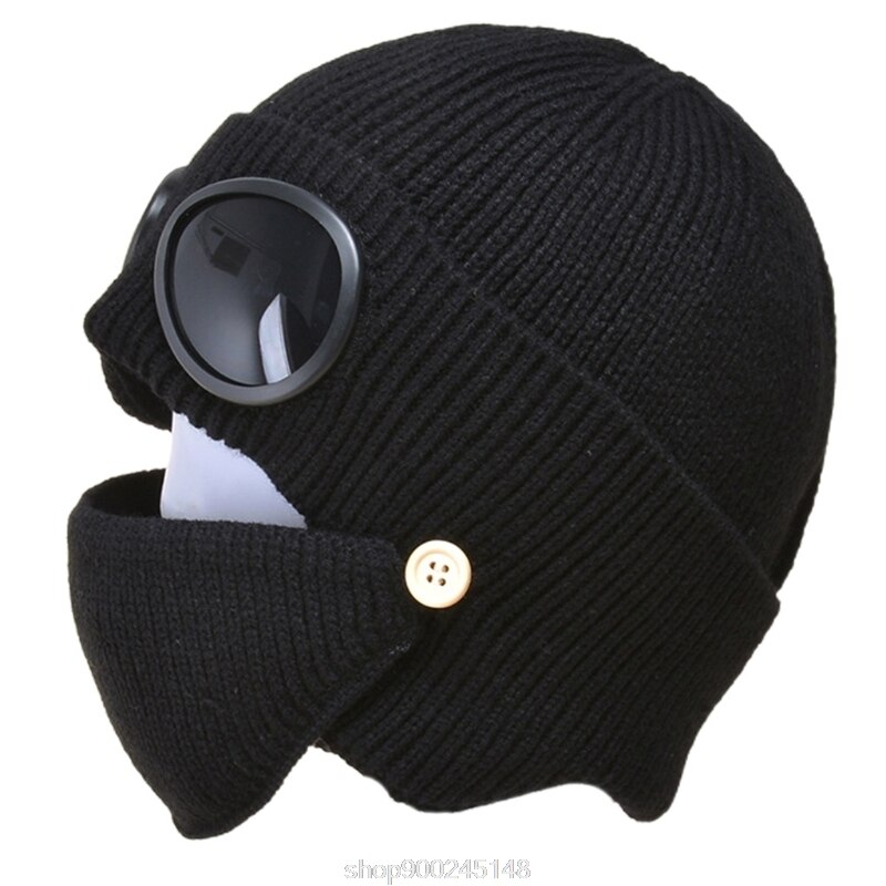 2 In 1 Ribbed Knit Beanie Hat Mouth Mask Set Warm Windproof Snow Cuffed Earflap Cap with Glasses Goggles N03 20: Black