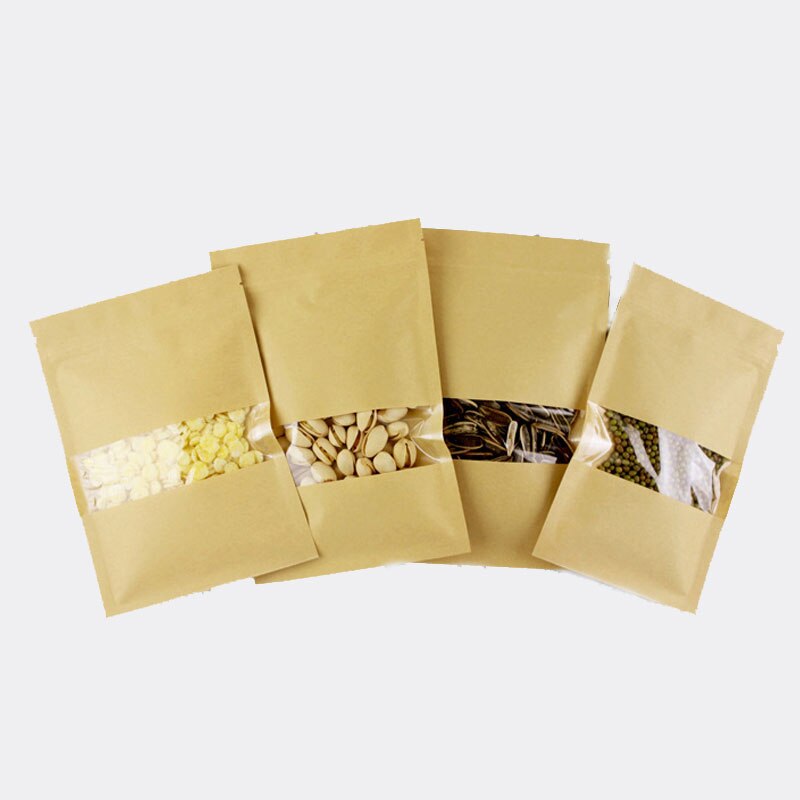 100 stuks Platte Bruin Kraft Papieren Zakken Voor /snoep/thee/voedsel/bruiloft Met Venster Geen stand Up Rits Kraft Zakken Ambachten Verpakking Zak