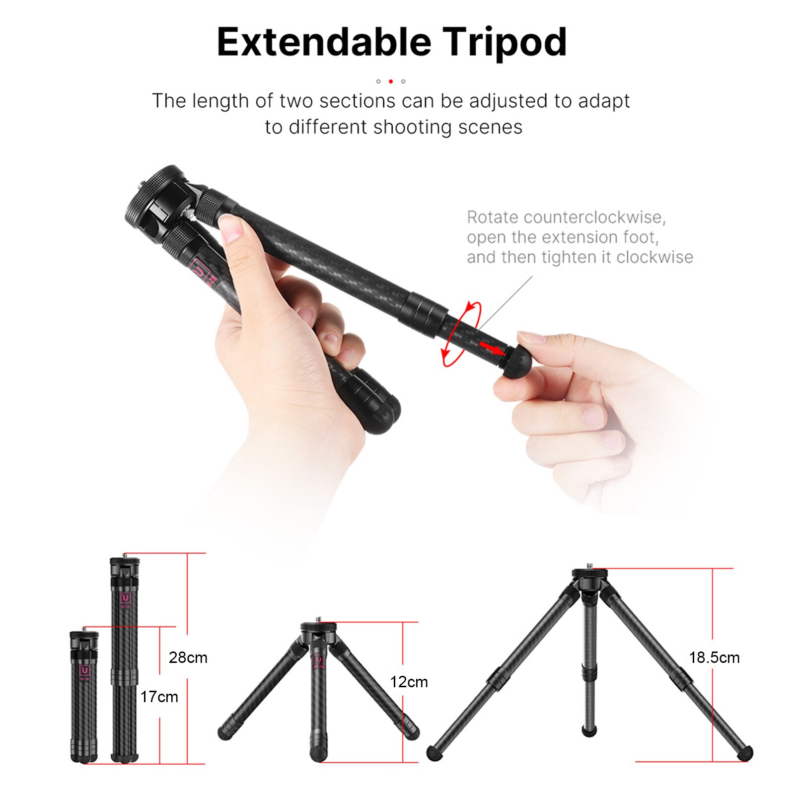 Ulanzi MT-28 Uitschuifbare Carbon Fibe Statief Stand 2-Hoogte 2-Hoek Verstelbare 2Kg Laadvermogen Tafel Statief Voor dslr Slr Telefoon Houder