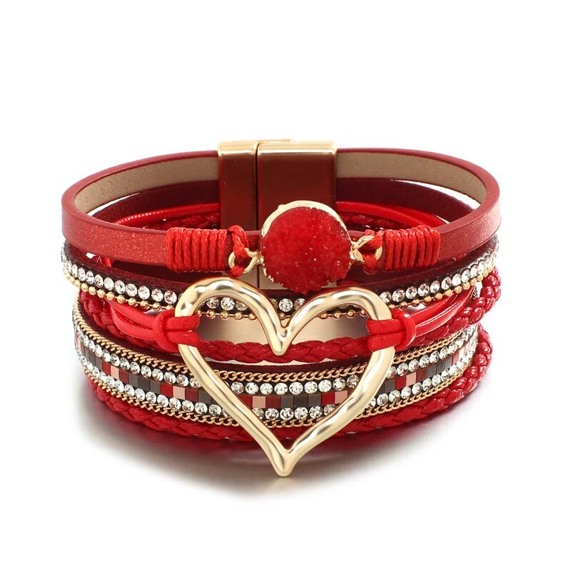 Amorcome-pulsera de cuero trenzado para mujer, brazalete con varias capas de piedras de resina, corazón hueco,: Red