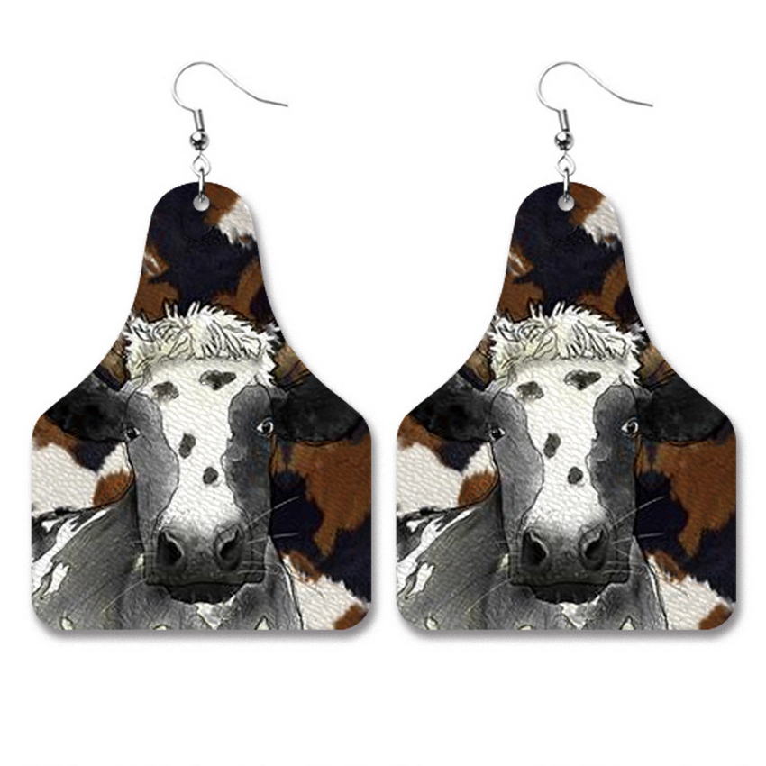 Pendientes con estampado de vaca para mujer, aretes de cuero PU con etiqueta de vaca, del Salvaje Oeste, vaquero, estilo Texas, joyería al por mayor,