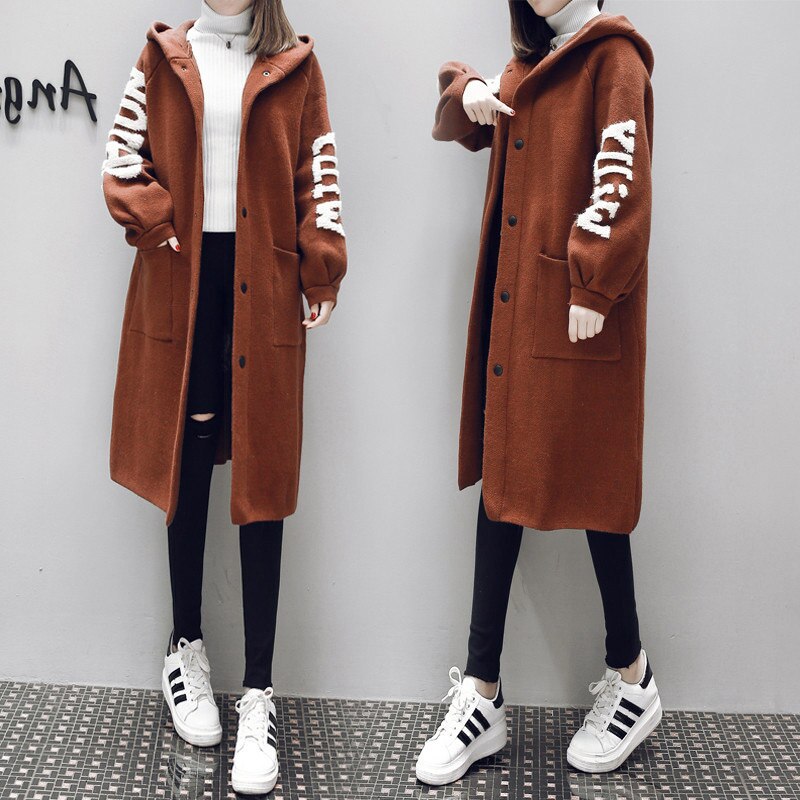Plus size yllekofta för kvinnor lång lös stickad trenchcoat casual huva casaco feminino tröja kappor  f1449: Kola / L