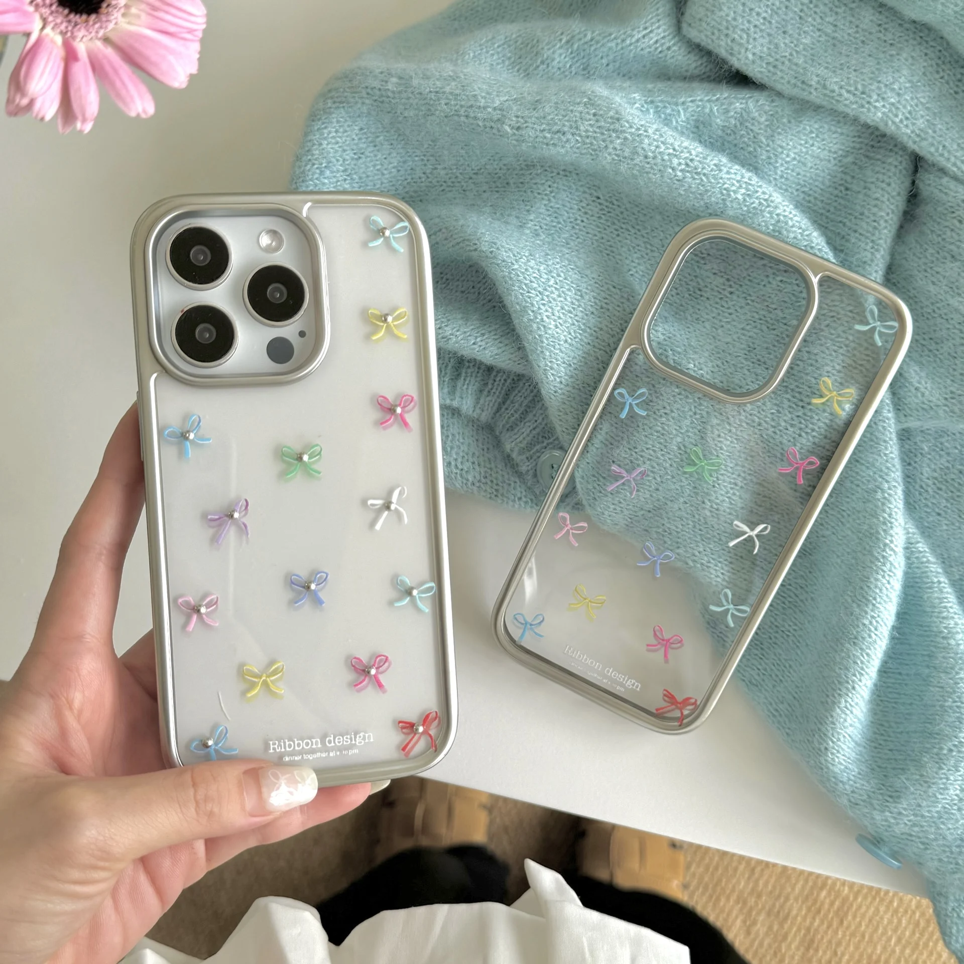Funda plateada con forma de perla y lazo para IPhone 15, 14, 13, 12 Pro Max, protección IPhone15, bonita funda transparente a prueba de golpes a la , Corea INS