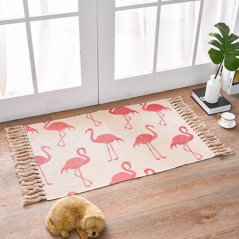 Dzq stof bomuldsvævet gulvmåtte liu su knyttet trykt gulvmåtte lille dørmåtte moderne enkelt sengebordstæppe: Mat kvast flamingo