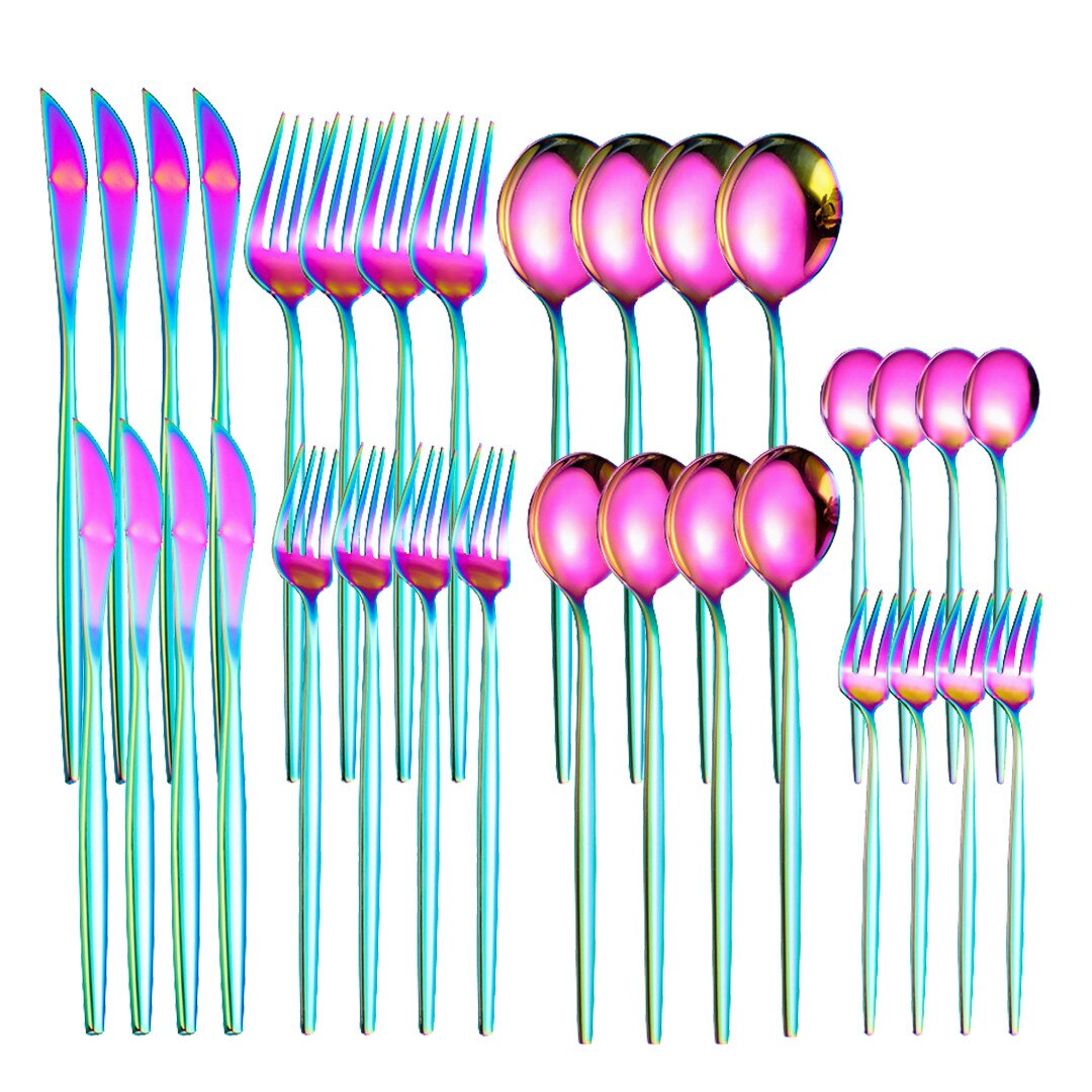 Pink Gold 32Pcs Cutlery Set Stainless Steel Dinnerware Mirror Resueable Luxury Home Knife Spoon Fork Tableware Set Flatware Set: rainbow 4sets