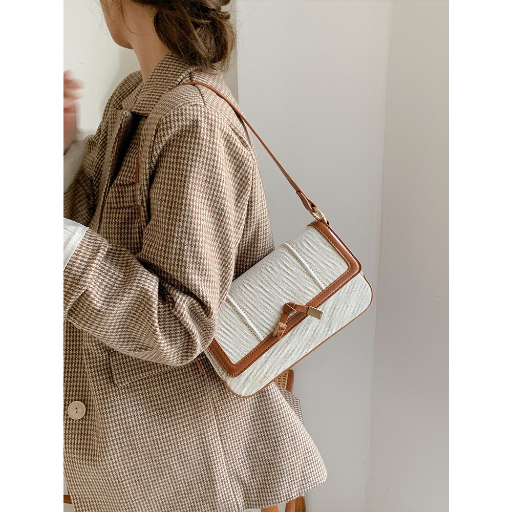 Leinen Reis Braun Leinwand PU Seetang Knoten Unterarm Tasche Schulter Tasche frauen Kontrast Farbe Kleine Quadratische Tasche Herbst Damen taschen