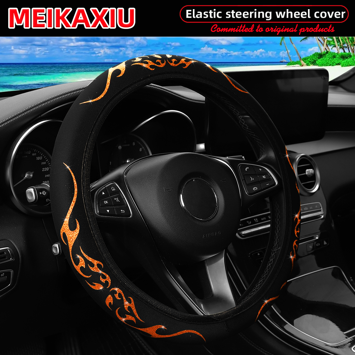 A Blingbling Flame Totem dynamic fabric car without inner ring steering wheel cover fits 14.5-15 inch automotive supplies: Orange