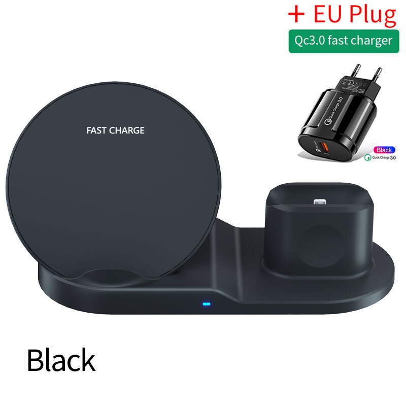 3 In 1 Qi Snelle Draadloze Oplader Voor Iphone 11 Pro Xs Xr 8 Samsung Note 10 Charger Dock Station voor Apple Horloge 6 5 4 Airpods Pro: Black-EU Plug