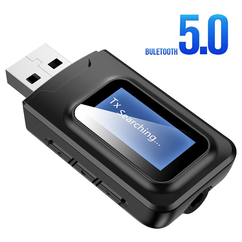 Bluetooth 5.0 2 in 1 Ricevitore USB Dongle Trasmettitore con Schermo LCD mini 3.5 millimetri Martinetti AUX USB senza fili Adattatore per la TV Altoparlante