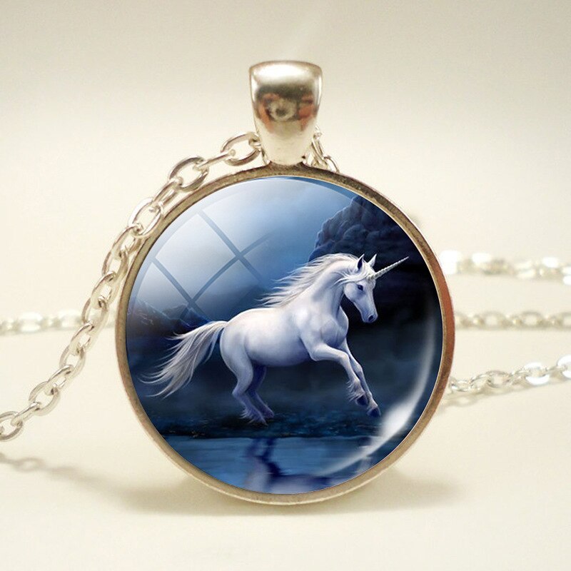 NPKDS di Modo Nuovo Collana In Lega di Zinco di Vetro Del Pendente Rotondo. Unicorn Tempo Gioiello Della Catena Del Maglione Preferito Regalo Di Compleanno: Night Unicorn