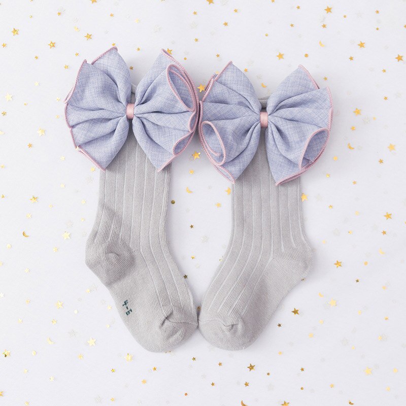 Sweet Big Bows Baby Socks Cute Flower Princess Baby Girls Knee High Socks Spring Autumn Toddler Kids Long Socks: gray 1