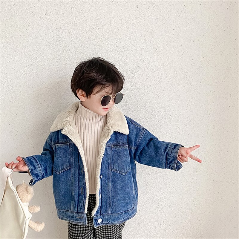 Winter Toddler Kids Warm Thick Denim Jackets Korean style Boys Girls Thick Fur Coats Coats